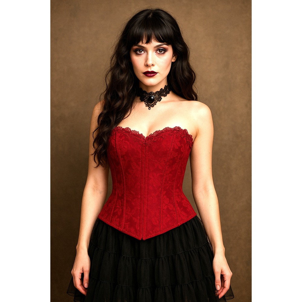 Vintage Red Jacquard Satin Floral Boned Corset Lace-Up Back Empire Intimates 36‎